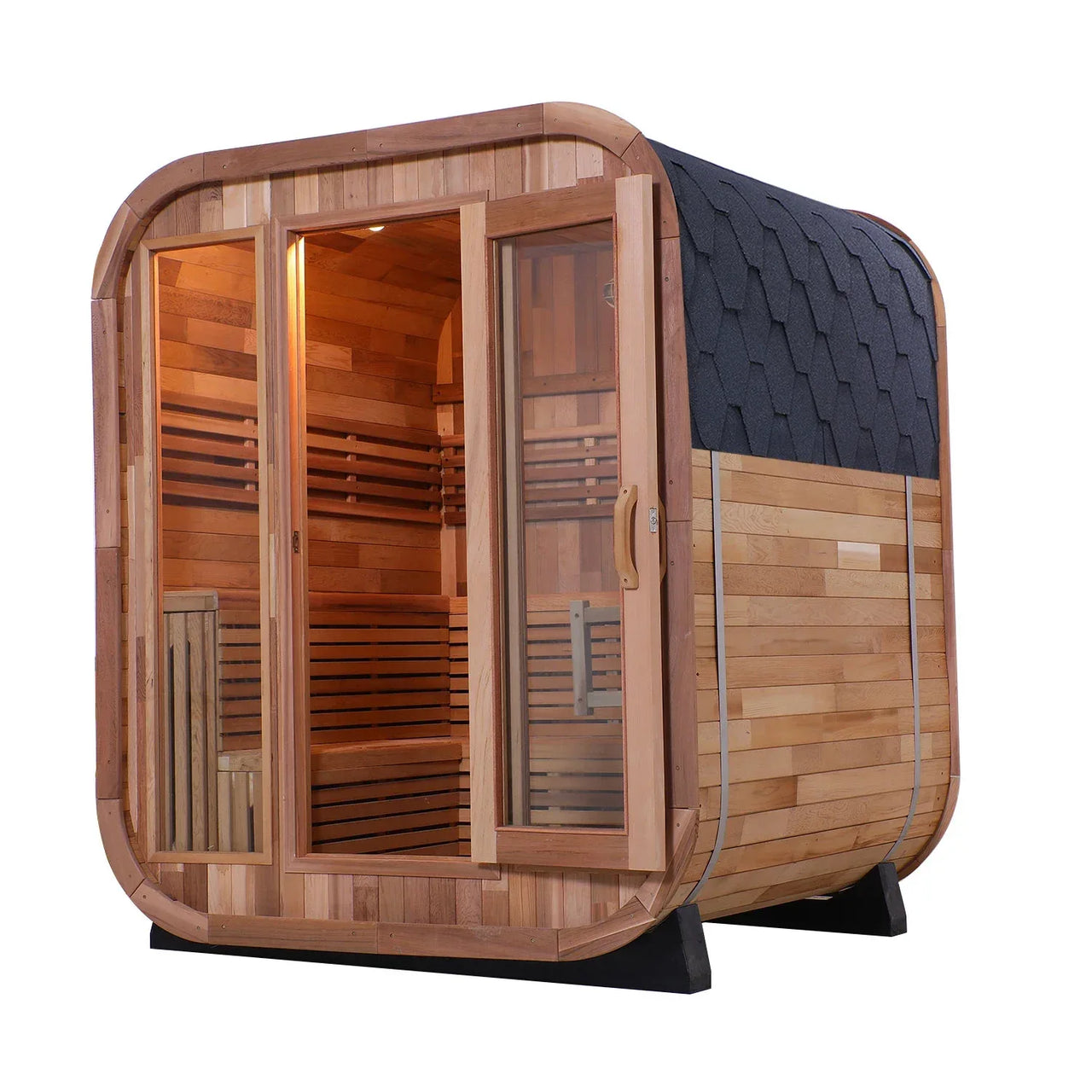 Panoramic Red Cedar Barrel Sauna - 2 Person Outdoor Sauna with Stainless Steel Heater
